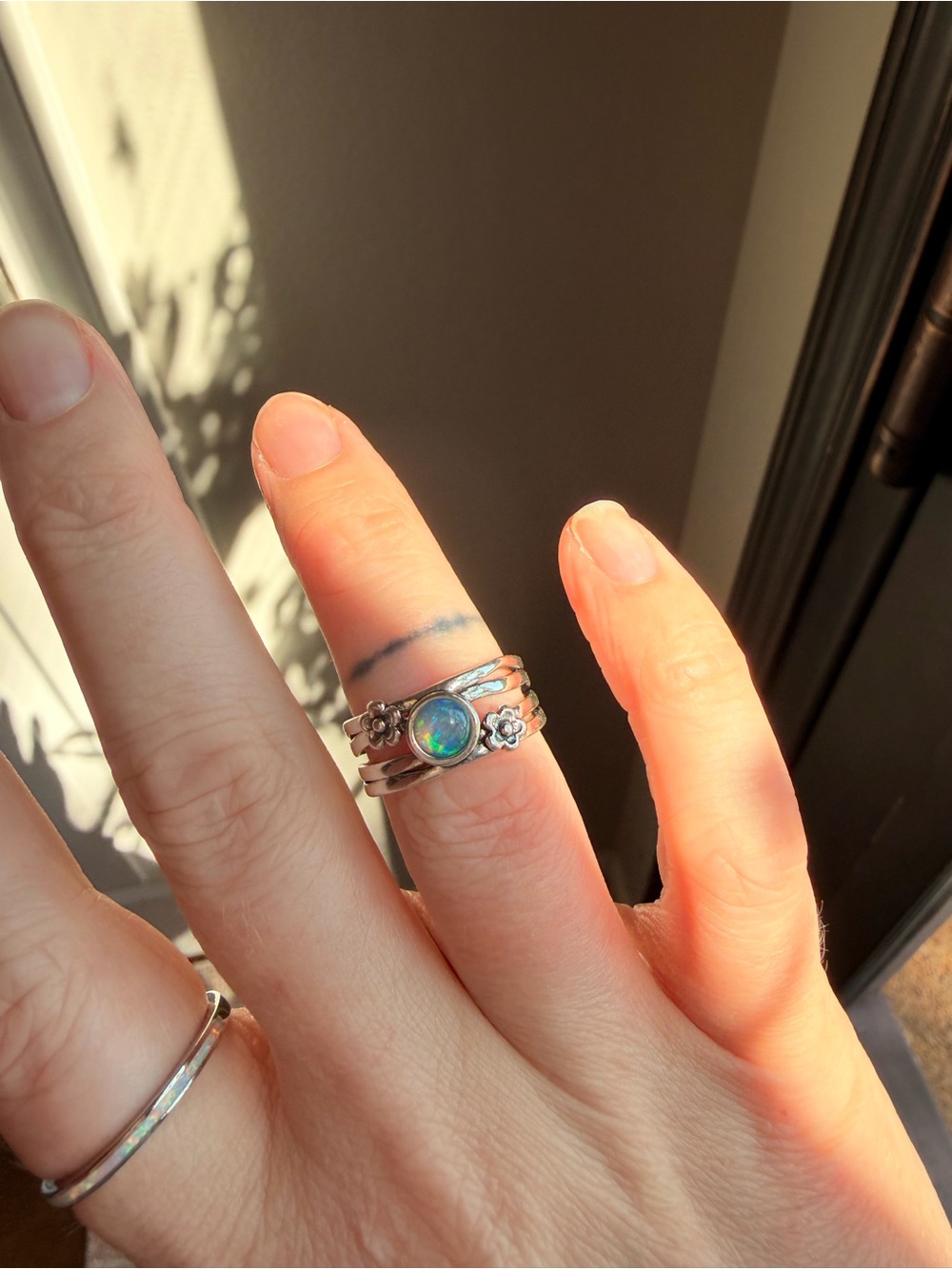 Silver Plated Opal Stackable Ring - Blue Green Opal sz 5